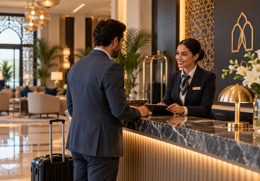 Une réceptionniste accueille un client à la réception d’un hôtel.