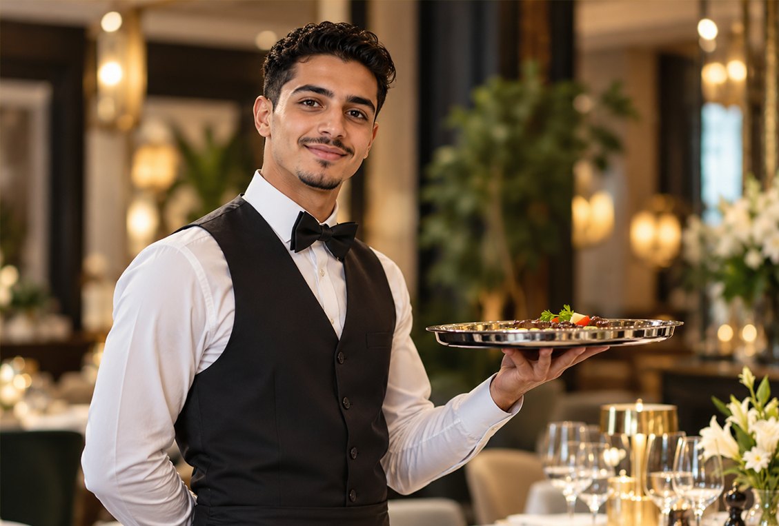 Un serveur présente une assiette sur un plateau, dans une salle de restaurant.