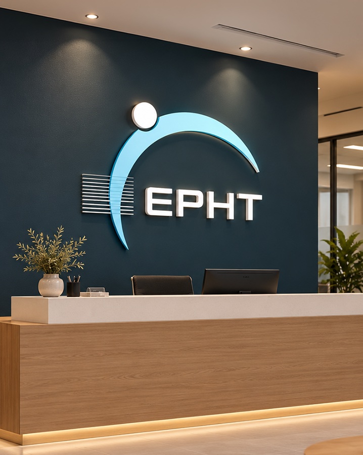 L’accueil de l’EPHT, avec le logo de l’école au mur derrière le comptoir de réception.