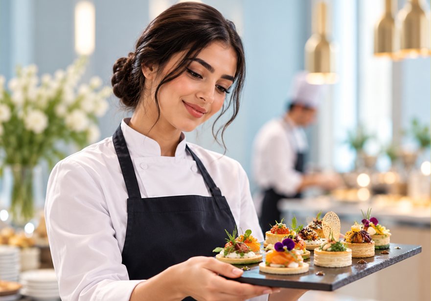 Une pâtissière présente un plateau de mignardises.