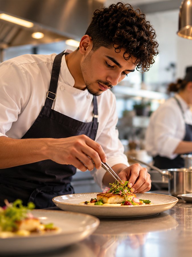 Un jeune cuisinier dresse une assiette, en atelier de cuisine.