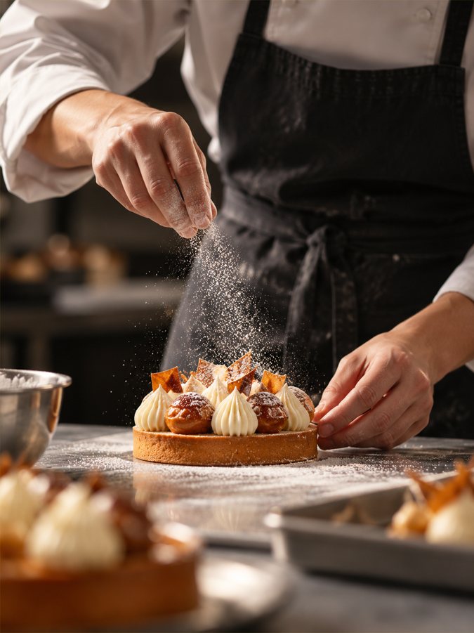 Des mains saupoudrent de sucre glace des tartelettes, en atelier de pâtisserie.