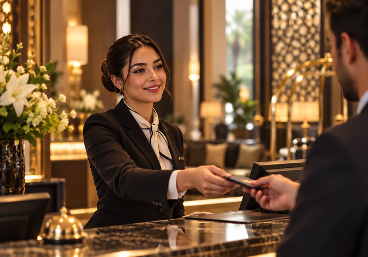 Une réceptionniste accueille un client au comptoir d’un hôtel.