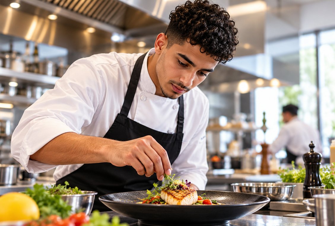 Un jeune cuisinier dresse une assiette dans une cuisine professionnelle.