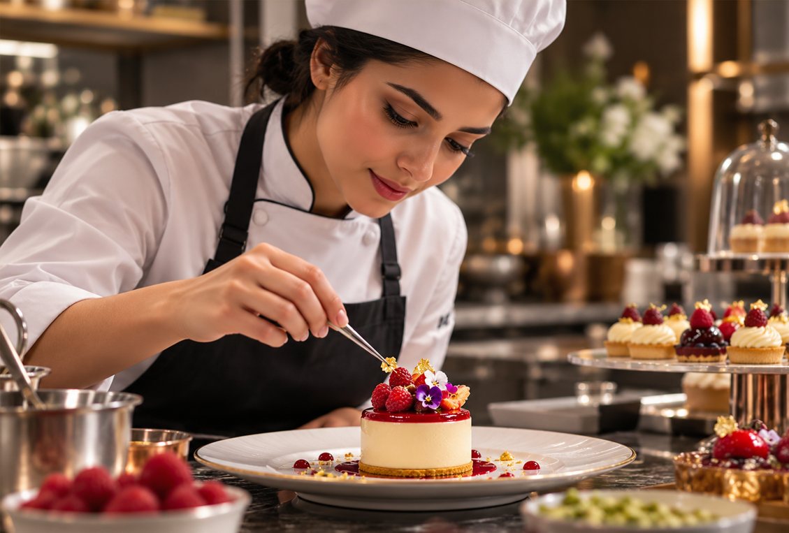 Une pâtissière dépose une décoration sur un entremets aux fruits rouges.
