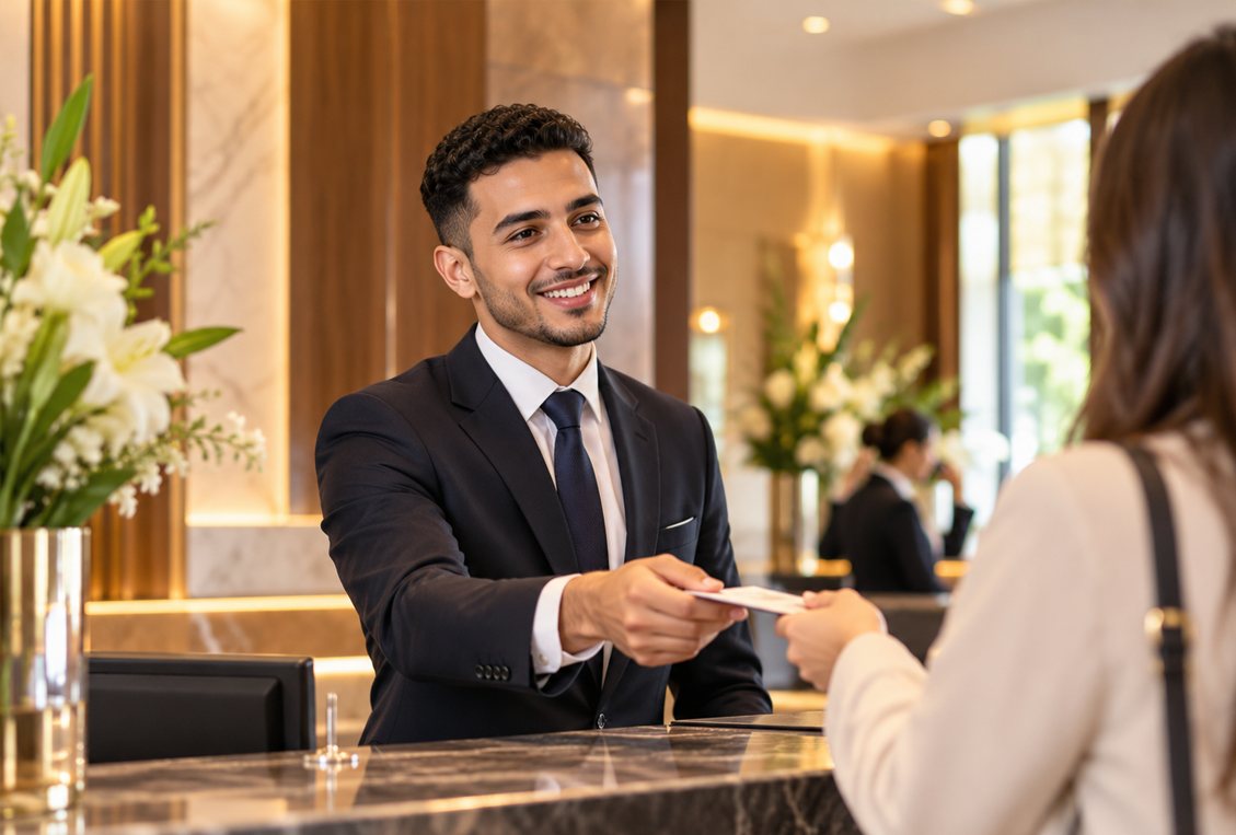 Un réceptionniste remet une carte à une cliente, au comptoir d’un hôtel.