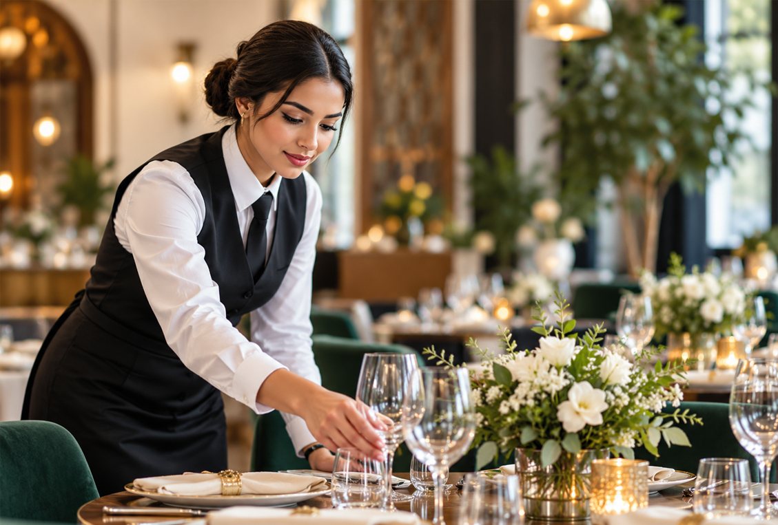 Une serveuse dresse une table, entre verres à pied et bouquets de fleurs.