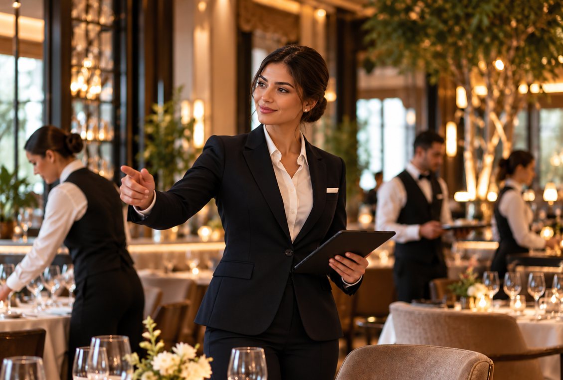 Une responsable, tablette en main, encadre le service dans une salle de restaurant.