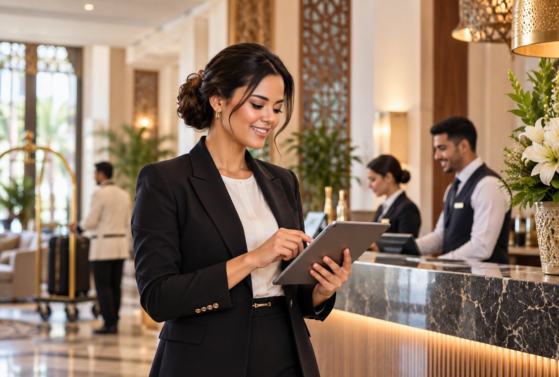 Une responsable consulte une tablette dans le hall d’un hôtel.